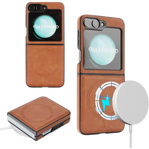Magnetic Case for Samsung Galaxy Z Flip6，Premium PU Leather，Brown