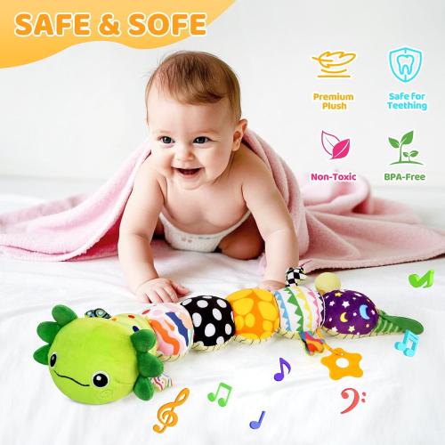 Baby Toys for 0-6 6-12 Months, Plush Axolotl Toy with Crinkle and Rattles for Infant Newborn, Sensory Music Animal Stuffed Toy for 0 1 2 3 4 5 6  Month, Tummy Time Toys Gifts for 0-3-6-12 Months,Green