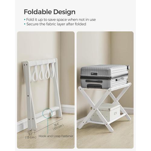 Luggage Rack, Folding Suitcase Stand with Storage Shelf, for Guest Room, Hotel, Bedroom, Classic White
