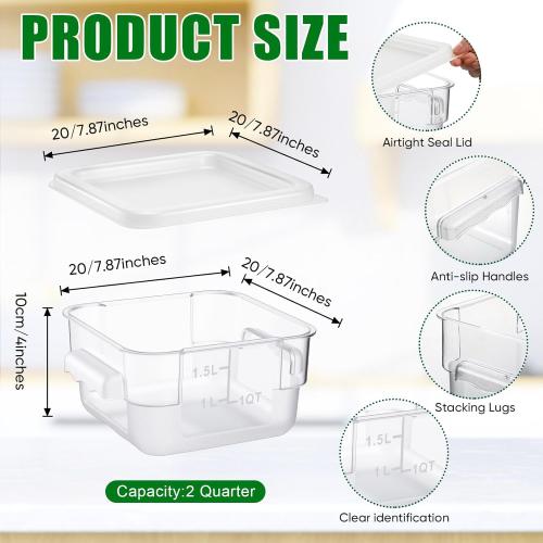 6 Pieces Square Food Storage Containers Polycarbonate Clear food Container with Lid Commercial Storage with Graduations for Commercial Kitchen Dough Marinating Meat(White,2 Qt)