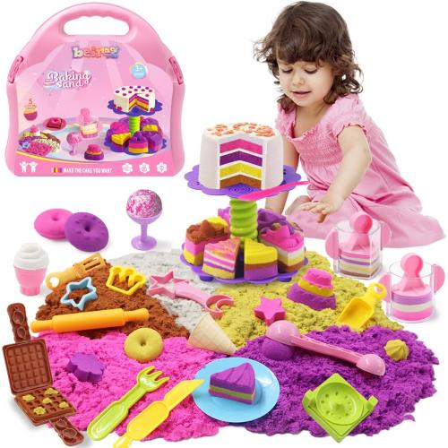 Baking Ice Cream Sensory Sand Kit for Girls, 2lbs Magic Play Sand, 7 Cake & 6 Ice Cream Molds, 10 Sand Tools, 6 Cookie Tools, Waffle Donut Molds, Sensory Bin Toys for Toddlers 3 4 5 6 7 8