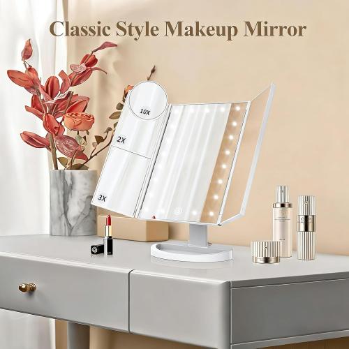 HUONUL Makeup Mirror, Vanity Mirror with Lights, 2X/3X/10X Magnification, Touch Control, Trifold, Dual Power Supply, Gifts Mothers Day for Mom,Gifts for Women, Wife, Girls,Dorm Room Essentials