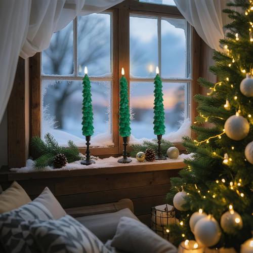 Fo32won Christmas Tree Shaped Flameless Candlesticks Battery Operated with Remote and Timer, Set of 4 Real Wax LED Taper Candles with 3D Flickering Wick for Christmas Decoration Gift