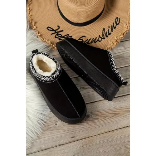 Black Contrast Print Suede Plush Lined Snow Boots for Winter