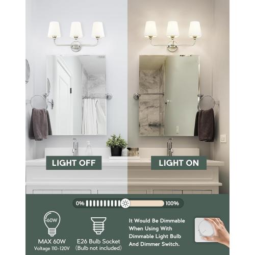 Bathroom Light Fixtures, Brushed Nickel Vanity Lights with Flared White Fabric Shade, 3 Light Wall Sconce, Modern Sconces Wall Lighting for Hallway Bedroom, VL837-BN-3