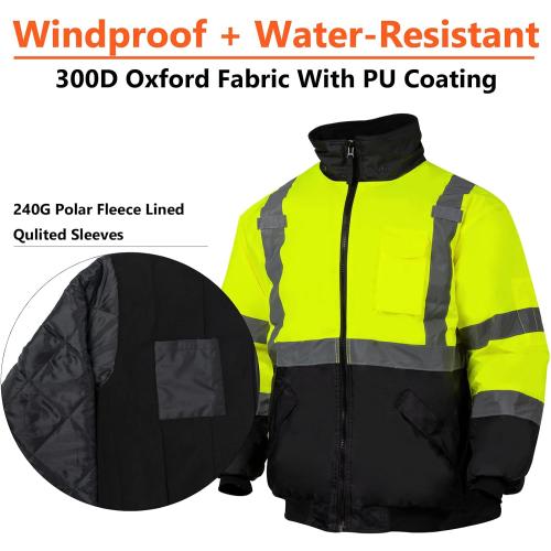 VENDACE High Visibility Reflective Safety Jackets for Men Polar Fleece Lining ANSI Class 3 Hi Vis Winter Bomber Jacket Hoodie(Yellow,L)