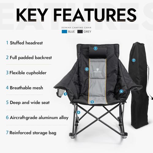 Dowinx Oversized Rocking Camping Chair, Fully Padded Patio Chair with Side Pocket and Carry Bag, High Back Portable Lawn Recliner with Headrest, Support 300 lbs, Black