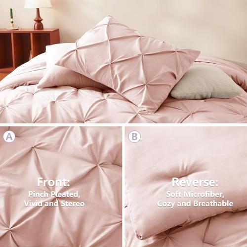 Pink 82x86 Full Comforter Set 7 Pieces Bed in A Bag Pink Luxury Soft Full Size Bed Set Pintuck Pinch Pleat Bedding Sets with Comforter, Flat Sheet, Fitted Sheet and Pillowcases & Shams