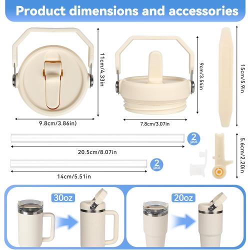 Flip Straw Lid for Stanley 30oz and 20oz, Leak Proof Top Replacement with Handle for 30&20 oz Stanley Quencher and ProTour, Detachable No Spill Lids Reusable Lids Accessories for StanleyCup, Cream
