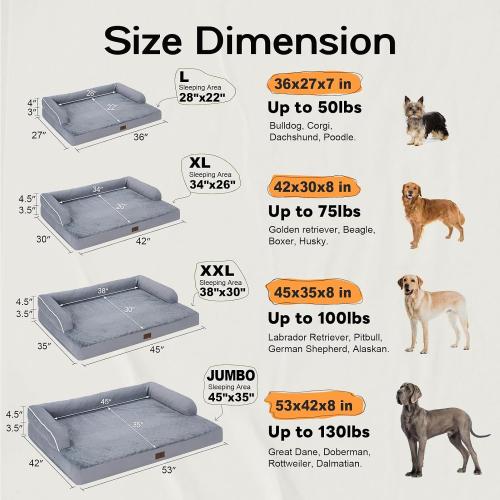 GREY Large Dog Bed Orthopedic Washable, Big Large XXXLarge Dogs, Orthopedic Grey Extra Dog Bed with Waterproof Cover and Removable Egg Foam, Couch Bed Bolster