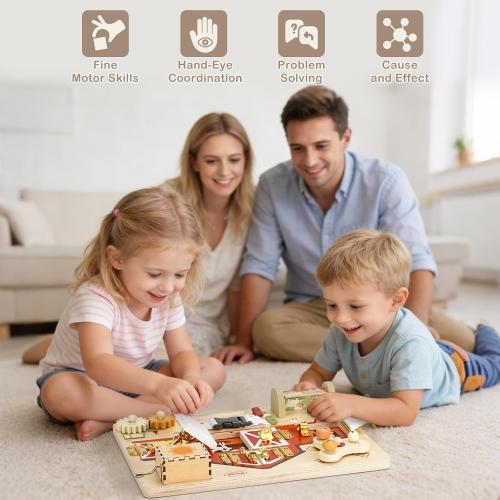 Joyreal Wooden Montessori Busy Board with Music Box for Toddlers | Farm Theme Sensory Activity Board, Fine Motor Skills Travel Toy, Educational Learning Toy, Birthday Christmas Gift