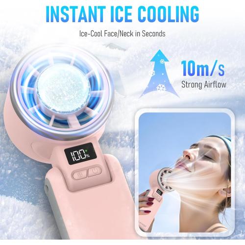 Portable Handheld Turbo Fan with Ice Cooling, Rechargeable Personal Fan, Up tp 12Hrs Cooling, 5 Speed 25550RPM Powerful Portable Fan for Travel, Outdoor, Camping, Hiking (Pink)