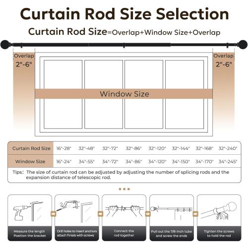 Zeerobee 1 Inch Adjustable Curtain Rods, 32-86, Antique Bronze