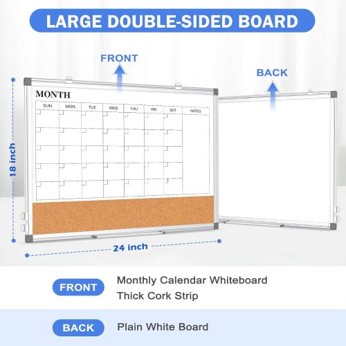 Monthly Calendar Whiteboard Dry Erase Cork Board Combo for Wall, 24 x 18 Double-Sided Calendar White Board and Bulletin Board, Portable Board for Office, Kitchen, School, Home