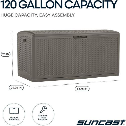 Suncast Extra Large Deck Box - 124 Gallon Resin Outdoor Storage Box with Lockable Lid for Outdoor Cushion Storage, & Garden Gear, Stoney Grey Wicker Bin for Patio, Porch, Pool, & Yard