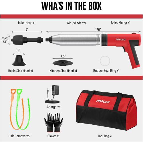POPULO Electric Toilet Plunger Swift High Pressure Drain Unclogger Plungers for Bathroom, Floors, Shower Heavy Duty Versatile Home Toilet Clog Remover