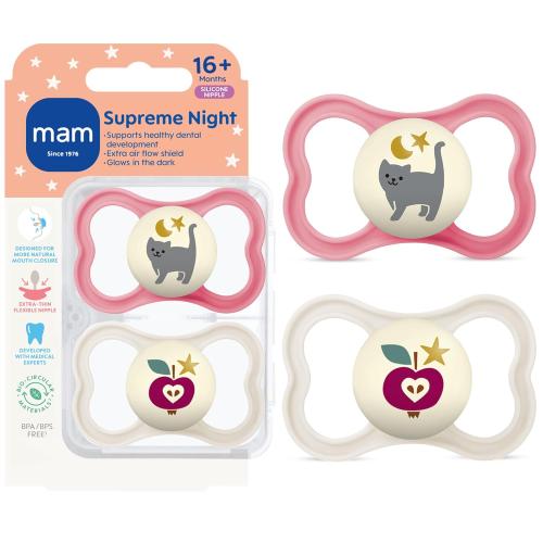 MAM Supreme Baby Premium Pacifier, Newborns 16  Months, Developed with Orthodontists, Extra Air Flow for Sensitive Skin, Glows in The Dark, BPA-Free Silicone, Sterilizer Case, 2 Pack, Made in Europe