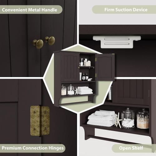 Smuxee Brown Wall Cabinet with Towel Bar - Medicine Cabinet with Adjustable Shelves, Over Toilet Cabinet for Laundry Room Kitchen