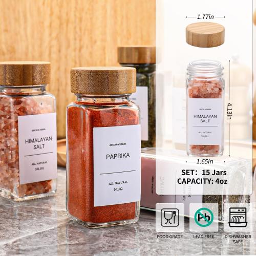 DIMBRAH Spice Jars with Label 24Pcs,Seasoning Containers,Glass Spice Jars with Bamboo Lids,Kitchen Essentials,Spices Container Set,Kitchen Set,Seasoning Organizer,A total of 96 oz