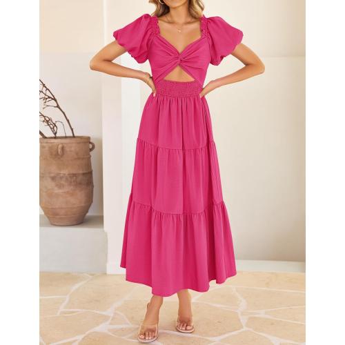 Size XL ... Womens Summer 2025 Boho Vacation Dress Short Puff Sleeve Flowy Smocked Cutout A Line Beach Party Dresses