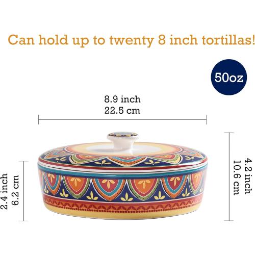 Bico Tunisian Ceramic Tortilla Warmer, 8.9 Inch Tortilla Holder with Lid for Taco Bread Pancake for Mexican Night and Party, Microwave and Dishwasher Safe
