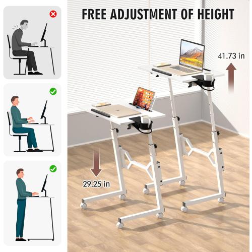Color White Small Standing Desk with Wheels, Portable Treadmill Desk, Rolling Desk Adjustable Height for Laptop, Mobile Standing Table for Walking Pad, Bedside Table