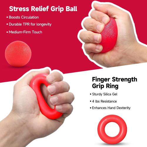 FitBeast Hand Grip Strengthener Workout Kit (5 Pack), 2 Forearm Grip Adjustable Resistance Hand Gripper, Finger Stretcher, Grip Ring & Stress Relief Grip Ball for Athletes