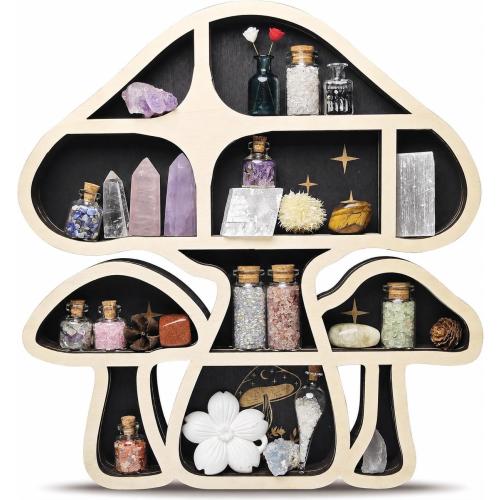 Mushroom Decor Floating Shelves, Crystal Display Shelf for Wall, Cute Whimsy Mushroom Wall Decor, Rock Gem Stone Organizer, Essential Oil Holder Hanging Case, Meditation Art Spiritual Gift