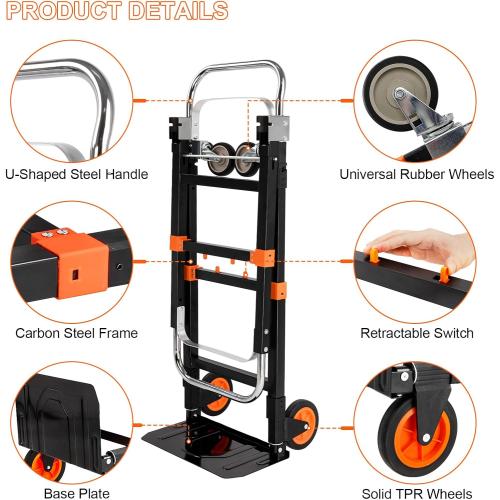 3 in 1 Folding Hand Truck Dolly, 660lb Capacity Convertible Hand Truck Dolly Cart Heavy Duty Foldable Trolley with Rubber Wheels & Retractable Handle, Collapsible Platform Truck for Moving Heavy Items