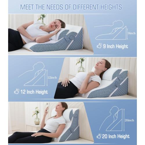 Bed Wedge Pillow for Sleeping, 20-in-1 Adjustable Pillow Wedge Acid Reflux Pillow, 9 &12 & 20 Inch 3-in-1 Incline Wedge Pillow for Back Pain Relief, Gerd, Snoring