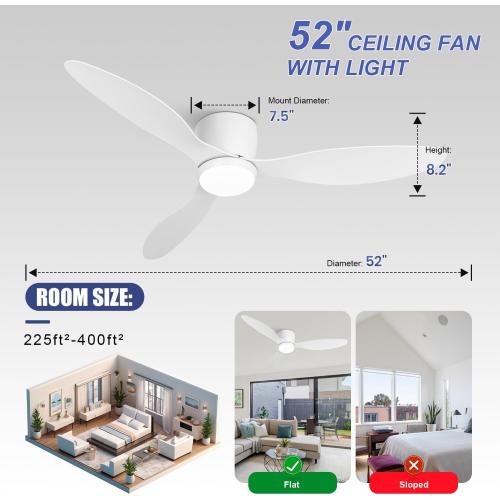 VACILL Low Profile Ceiling Fan with Light and Remote, 52 Inch Flush Mount White Ceiling Fan, Quiet Reversible DC Motor, 6 Speed, 3 Color Dimmable LED, 3 Blades for Bedroom Living Room