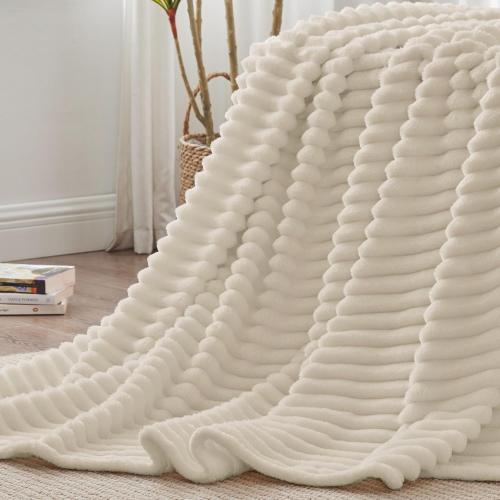 BEDELITE Queen Size Blanket for Bed, 300GSM Soft & Warm Fleece Beige Blanket, Decorative and Giftable Striped Blankets for Women, Men, 84x90