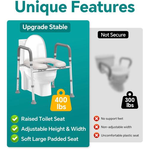 Grey, 13-18H x 24-28W Toilet Seat Risers for Seniors, Raised Toilet Seat with Handles, Adjustable Height & Width, Cozy Padded 400lb Elevated Toilet Seat, Fit Any Toilet