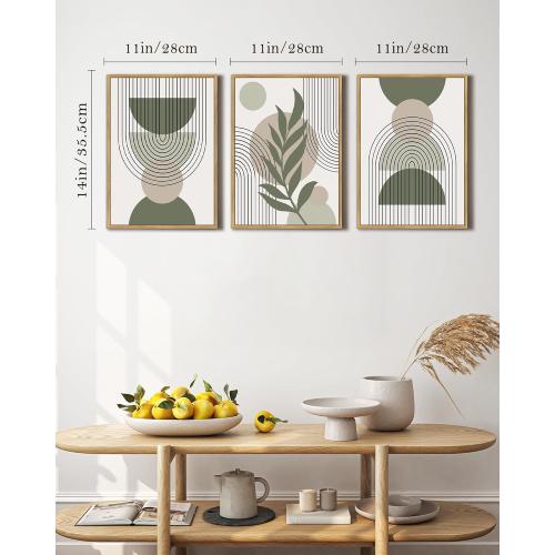 Drsoum 11x14in Boho Wall Art Green Sage Decor Framed Wood Modern Bohemian Abstract Geometry Canvas Prints Ready to Hang