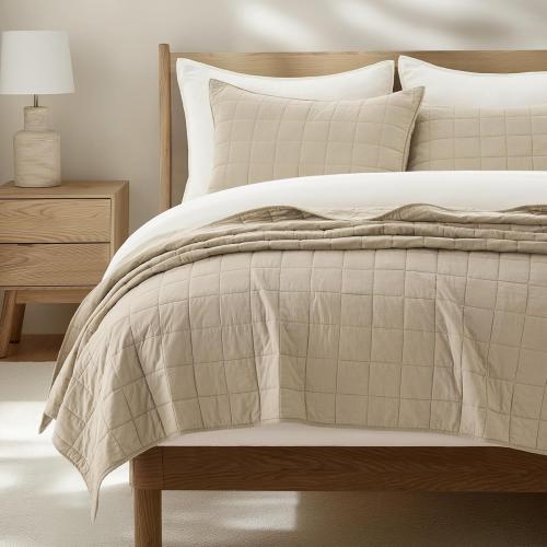 EVERGRACEHOME 100% Cotton Box Stitch Quilt Bedding Set Queen Size 3 Pieces, Garment-Washed Lightweight Soft Cozy Coverlet, Quilted Bedspread Sets with 2 Shams for All Season, Pebble Khaki