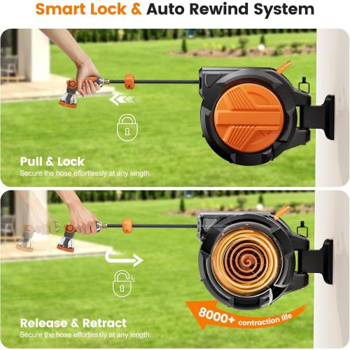 Size 1/2 x 100ft Color Orange Retractable Garden Hose Reel 1/2” x 100ft, Auto Rewind Hose Reels for Outside, Heavy-Duty Wall-Mounted Outdoor Hose, 10-Mode Nozzle, Adjustable Length, 180° Rotation for Watering, Car & Pet Washing