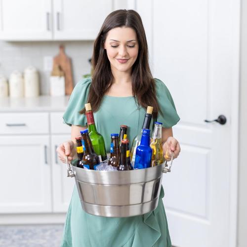 BREKX Stainless Steel Ice Bucket for Parties, Double Wall Insulated Anchored Brushed Drink Tub & Wine Bucket with Double Hinged Handles, Drink Chiller for Parties, 12QT (3 Gallon), 100% Leak Proof