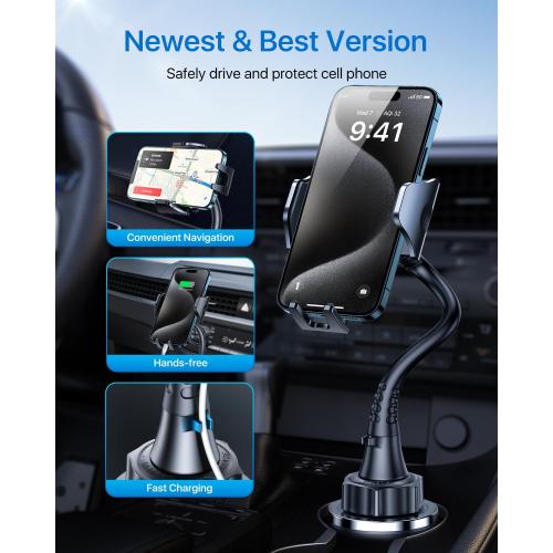 andobil Upgraded 15 Cup Holder Phone Holder, 【Solidest & Adjustable】 Military-Grade Long Gooseneck Cup Phone Holders for Your Car Truck, Car Phone Holder for iPhone 17 Pro Max 16 15 14/Samsung/Pixel