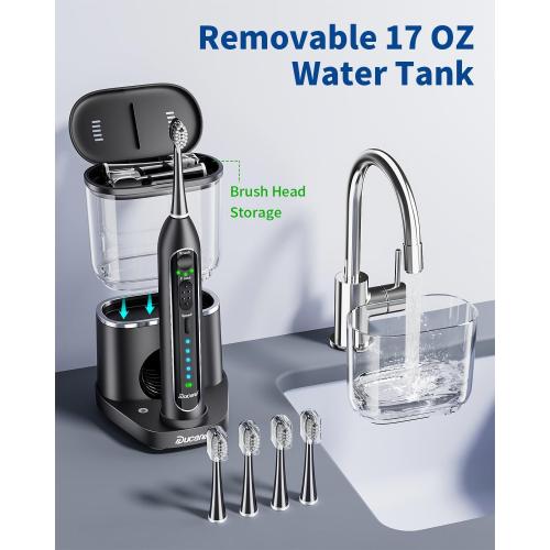 Electric Toothbrush with Water Flosser,Professional Flossing Toothbrush Combo for Teeth Cleaning Plaque Removal with 4 Replacement Heads, 3 Brush Modes & 5 Floss Speeds,Black