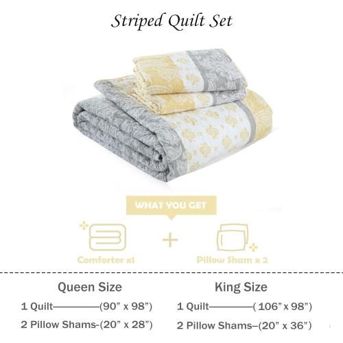 Yellow Quilts Queen Size, Cotton Bed Set, Yellow Grey White Comforter, Striped Bedding Queen Size, Lightweight Luxury Bedspread,3 Piece