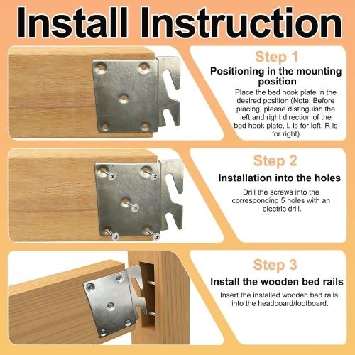 4 Pcs Bed Rail Hooks Plates, Universal Bed Frame Brackets for Headboard Footboard, Replacement Parts with Mounting Screws (96x93mm/3.78x3.66inch)