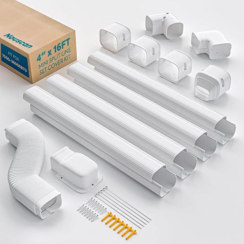 4 16Ft Mini Split Line Set Cover with Flexible Duct, Long Duct Cover Kits - Paintable Minisplit Lineset Cover Kit, AC Line Hide for Mini-Split, Air Conditioner, Central AC, HVAC, White
