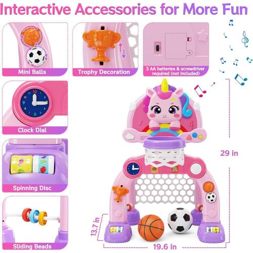 Unicorn Toddler Basketball Hoop & Soccer Goal with Light & Music, 2-in-1 Sports Toy for 1-3 Year Old Boys & Girls, Toys for 1  Year Old Girls, Birthday for Baby Kids
