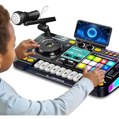 Kids DJ Mixer Controller Table Musical Toy Electronic Toy with LED Lights Sound Effect Microphone Piano DJ Board Key Musical Instruments Birthday Gift Toys for 3 4 5 6 7 Year Old Boy Girl