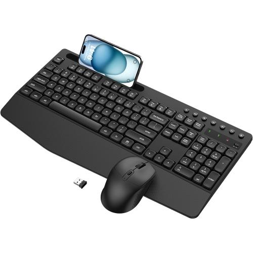 Wireless Keyboard and Mouse Combo with Palm Rest, Phone Holder, Full-Size Quiet Wireless Ergonomic Keyboard and Mouse, Comfortable Natural Typing Compatible for Windows, Laptop, Mac, PC