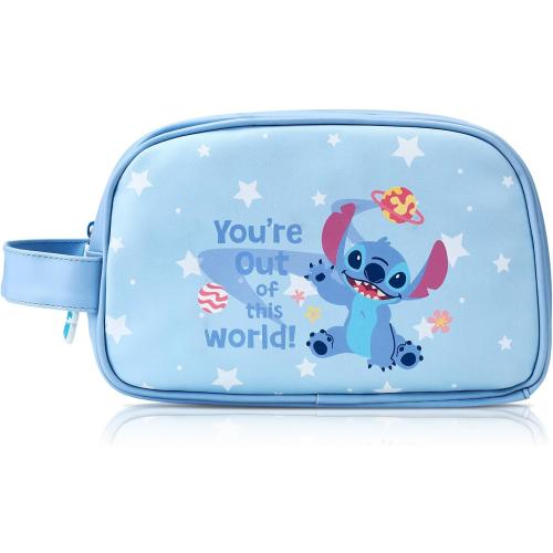 MINISO Disney Stitch PU Cosmetic Bag Light Blue Cartoon Storage Pouch,Travel Toiletry Bag with Handle, Portable Organizer for Toiletries, Stationery, Jewelry, Stitch Fans (stitch A)