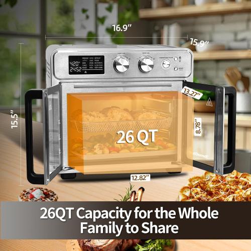 TomaChef 26QT French Door Air Fryer Oven Combo, 15-in-1 | 15 Cooking Functions and Digital Controls, 30 Recipes & 5 Accessories, Stainless Steel Finish