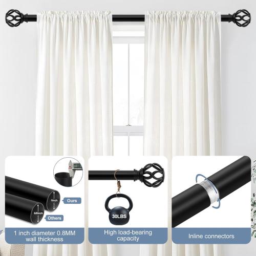 Black Decorative Farmhouse Curtain Rods:18-45 Adjustable Heavy Duty Single Window Curtain Rod for Bedroom Living Room,Matte Black Boho Rustic Drapery Rods with Vintage Twist Finial Easy Install