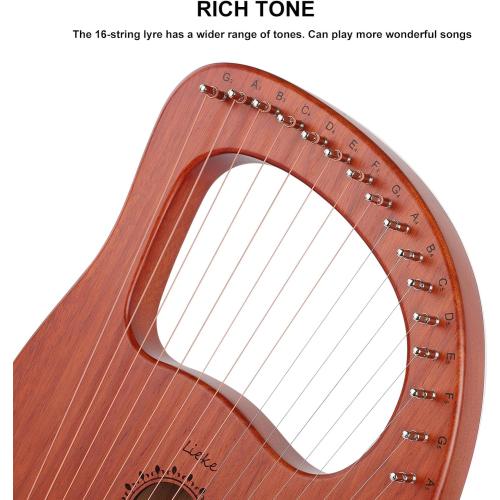 LIEKE Lyre Harp 16 Strings with Bag Tuning Wrench,Metal Strings,Mahogany Body and Copper Saddle,Professional Lyre Harp instrument Gift for Beginner Musician