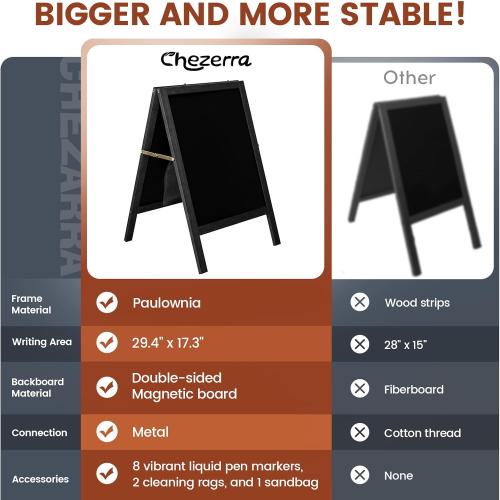 A Frame Chalkboard Sign, 40x20 Extra Large Sidewalk Chalk Board, Wooden Standing ChalkBoards Set with Markers, Double-Sided Magnetic Blackboard for Cafés, Weddings, Party Guide, Black